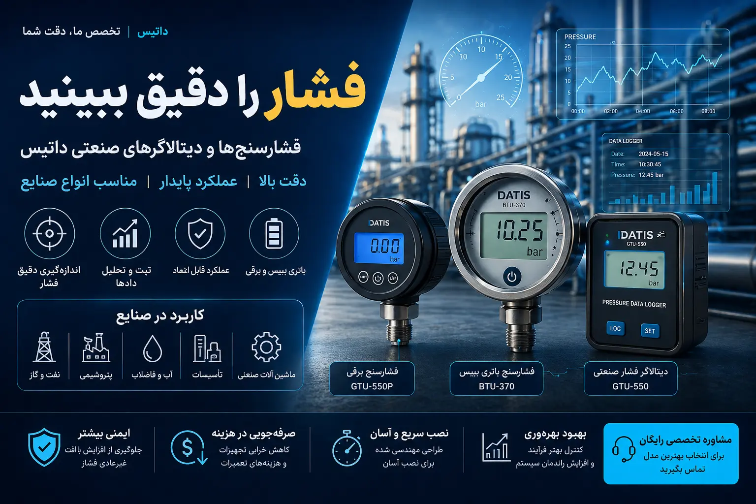دیتالاگر فشار | قیمت و خرید انواع دیتالاگر فشار | فشارسنچ باتری بیس | فشارسنج برقی | داتیس الکترونیک