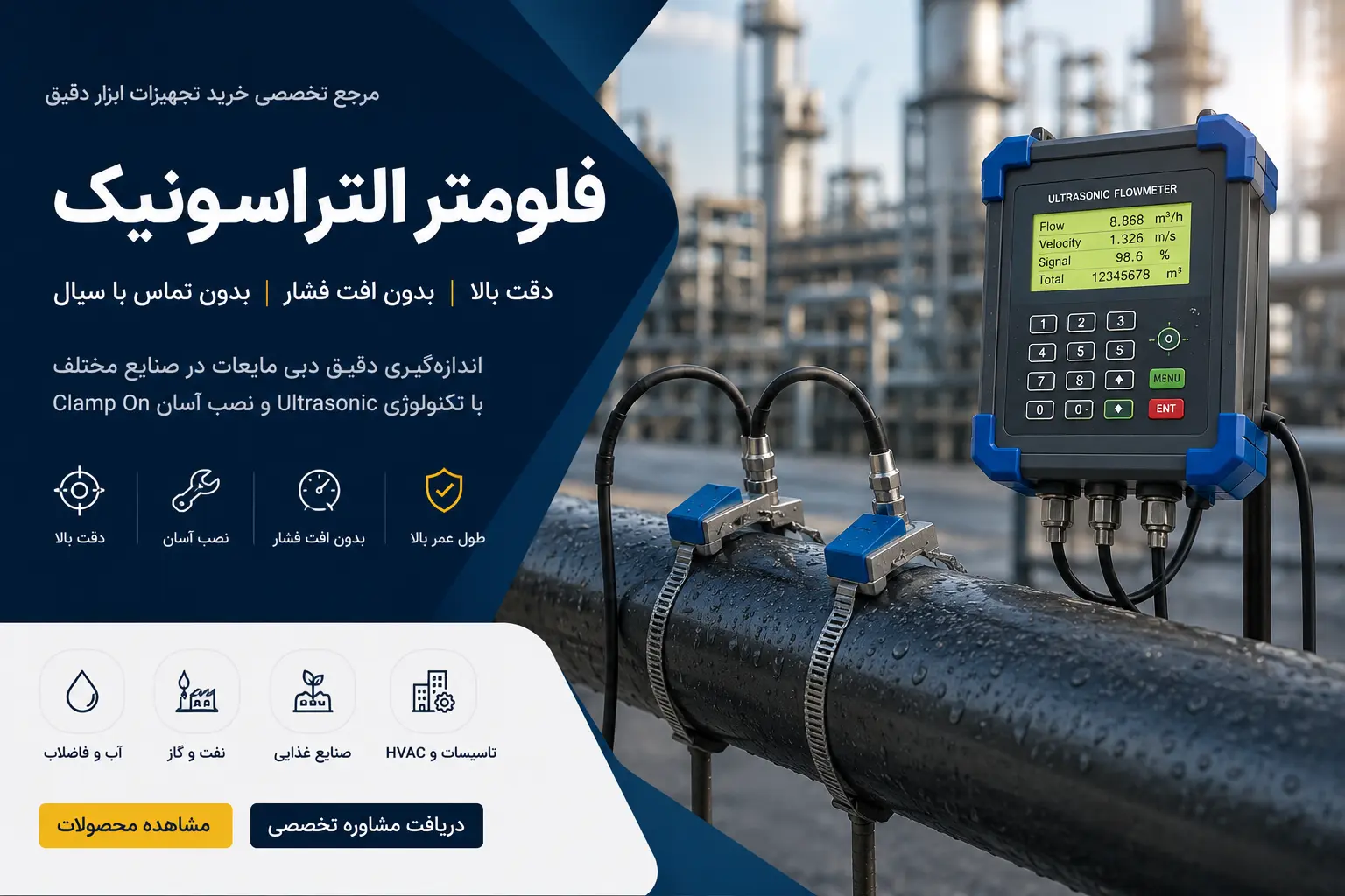 خرید فلومتر التراسونیک صنعتی | قیمت دبی سنج و کنتور آب Ultrasonic