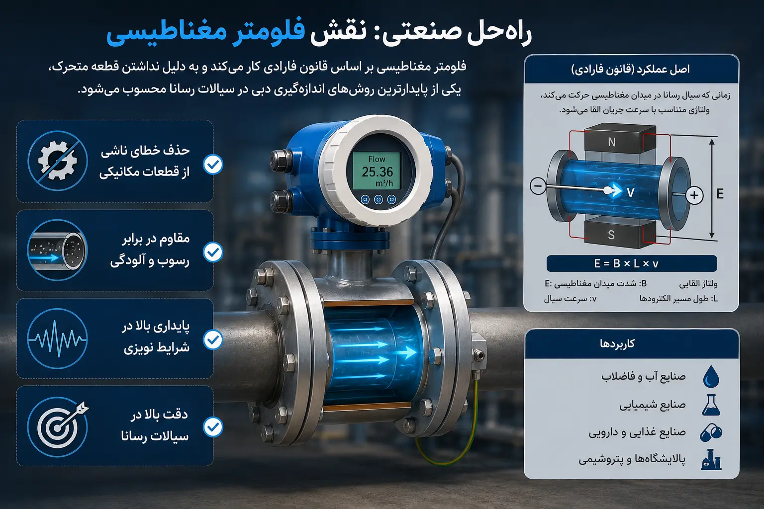 مرجع کامل فلومتر مغناطیسی شامل اصول عملکرد، انتخاب سایز، نصب، خطاهای رایج و مقایسه با سایر فلومترها. بررسی تخصصی و معرفی بهترین مدلهای صنعتی.