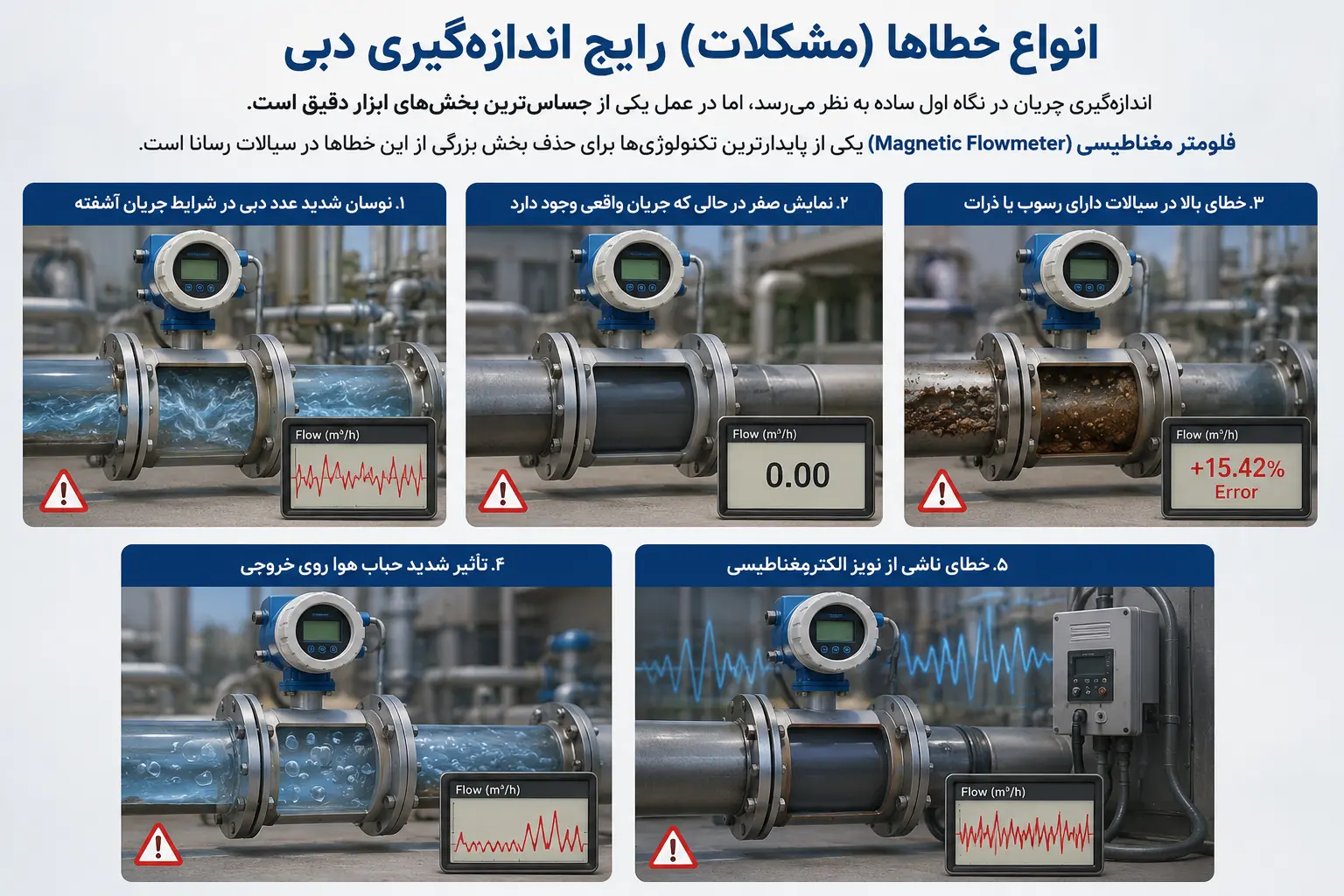 مرجع کامل فلومتر مغناطیسی شامل اصول عملکرد، انتخاب سایز، نصب، خطاهای رایج و مقایسه با سایر فلومترها. بررسی تخصصی و معرفی بهترین مدلهای صنعتی.